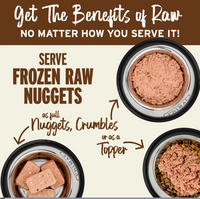 Primal frozen raw duck dog food package showing nutritional information and feeding guidelines on back label