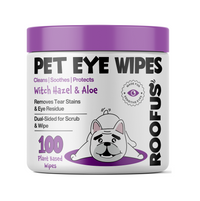 Roofus Dog Eye Wipes 100-count package showing individual wipe texture and gentle cleaning material detail.