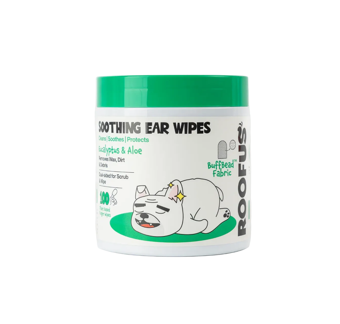 Roofus Dog Ear Wipes package showing 100-count box of finger-shaped cleaning wipes for canine ear hygiene.