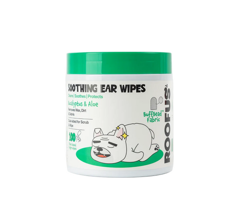 Roofus Dog Ear Wipes package showing 100-count box of finger-shaped cleaning wipes for canine ear hygiene.