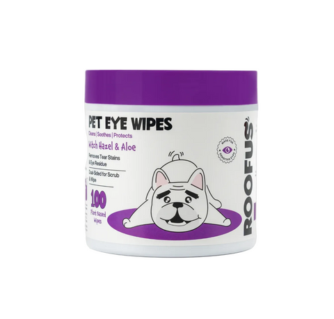 Roofus Dog Eye Wipes package showing 100-count container of veterinarian-approved grooming wipes for tear stain removal.