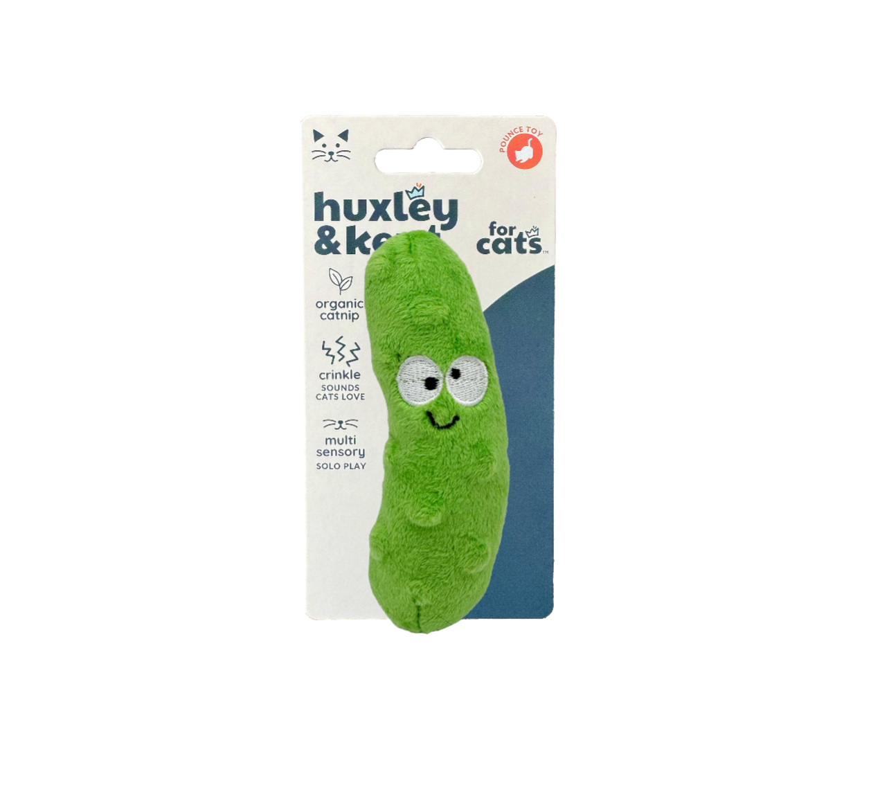 Green pickle-shaped cat toy by Huxley & Kent made from soft plush fabric with crinkle interior.