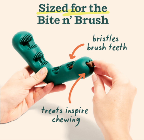 Woof Bite n' Brush Dental Refills showing v-shaped treat design and small-batch USA-made formulation details.