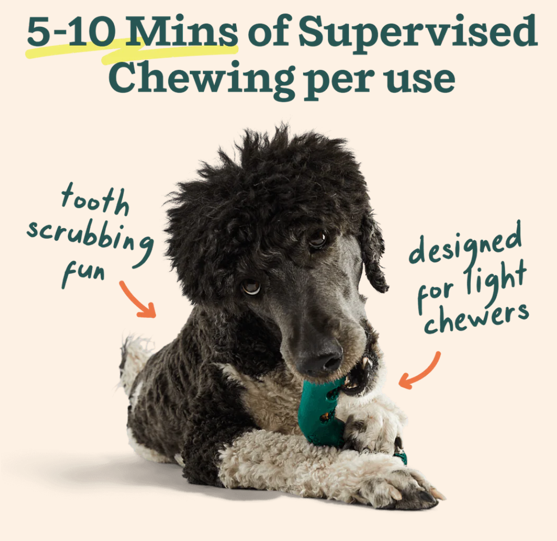 Woof Bite n' Brush Dental Refills packaging showing treat compatibility information and product details.