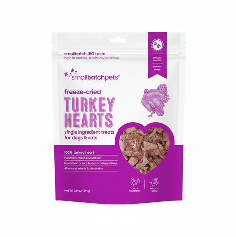 Small Batch freeze-dried turkey hearts dog and cat treats package on white background