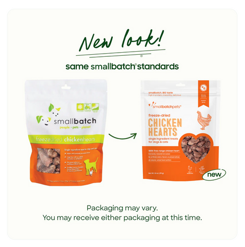 Small Batch freeze-dried chicken heart treats shown close-up displaying natural texture and brown coloring.