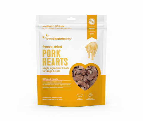 Small Batch Freeze-Dried Pork Heart dog treats package showing single-ingredient organ meat treats for pets.