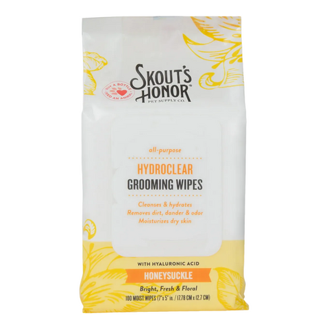 Skout's Honor HydroClear Wipes package showing product details and hyaluronic acid moisturizing formula information.
