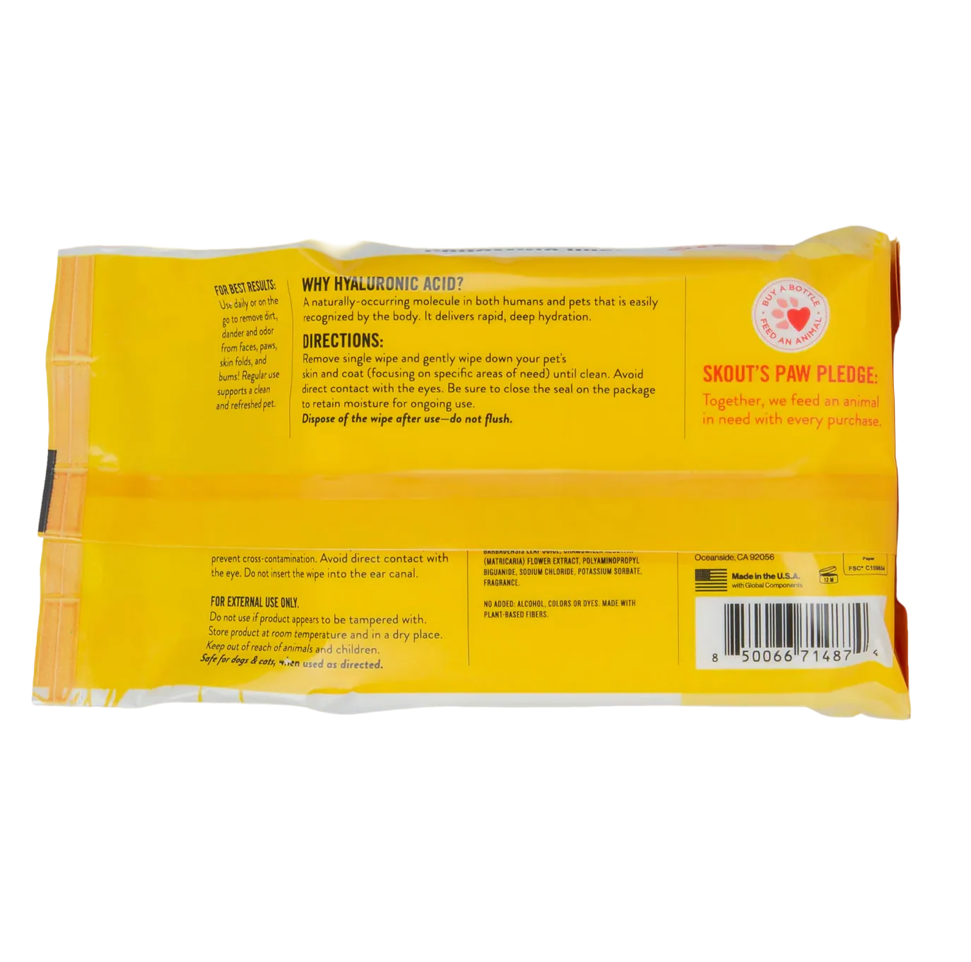 Skout's Honor HydroClear Wipes packaging detail showing product information and hyaluronic acid grooming formula benefits.