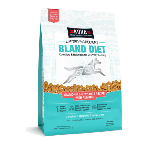 Koha Bland Recipe Salmon Kibble bag featuring limited ingredient dry dog food for sensitive stomachs.