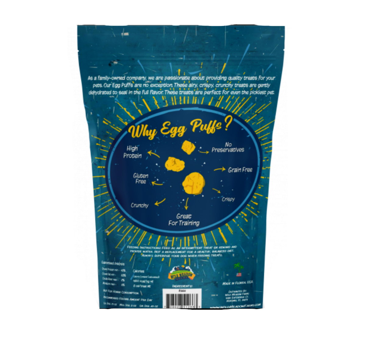Wild Meadow Farms Egg Puffs packaging detail showing product information, ingredients, or size reference.