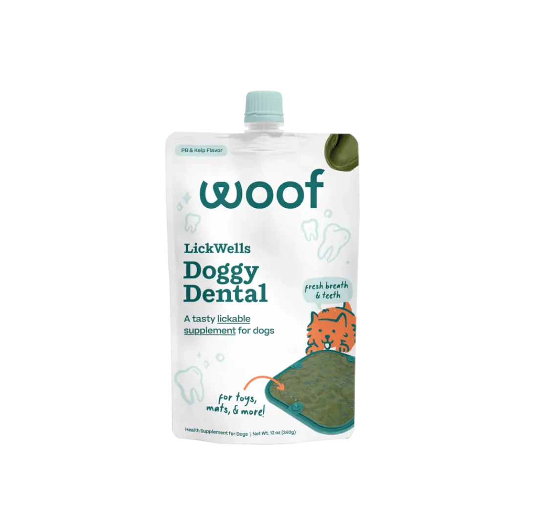 Woof LickWells dog treats package shown from an alternate angle highlighting product details.