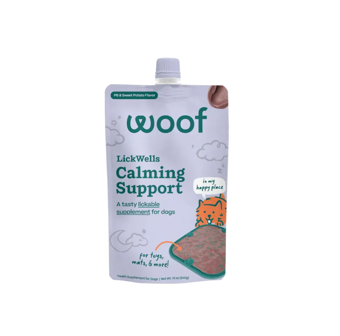 Woof LickWells dog treats package shown from an alternate angle highlighting product details.