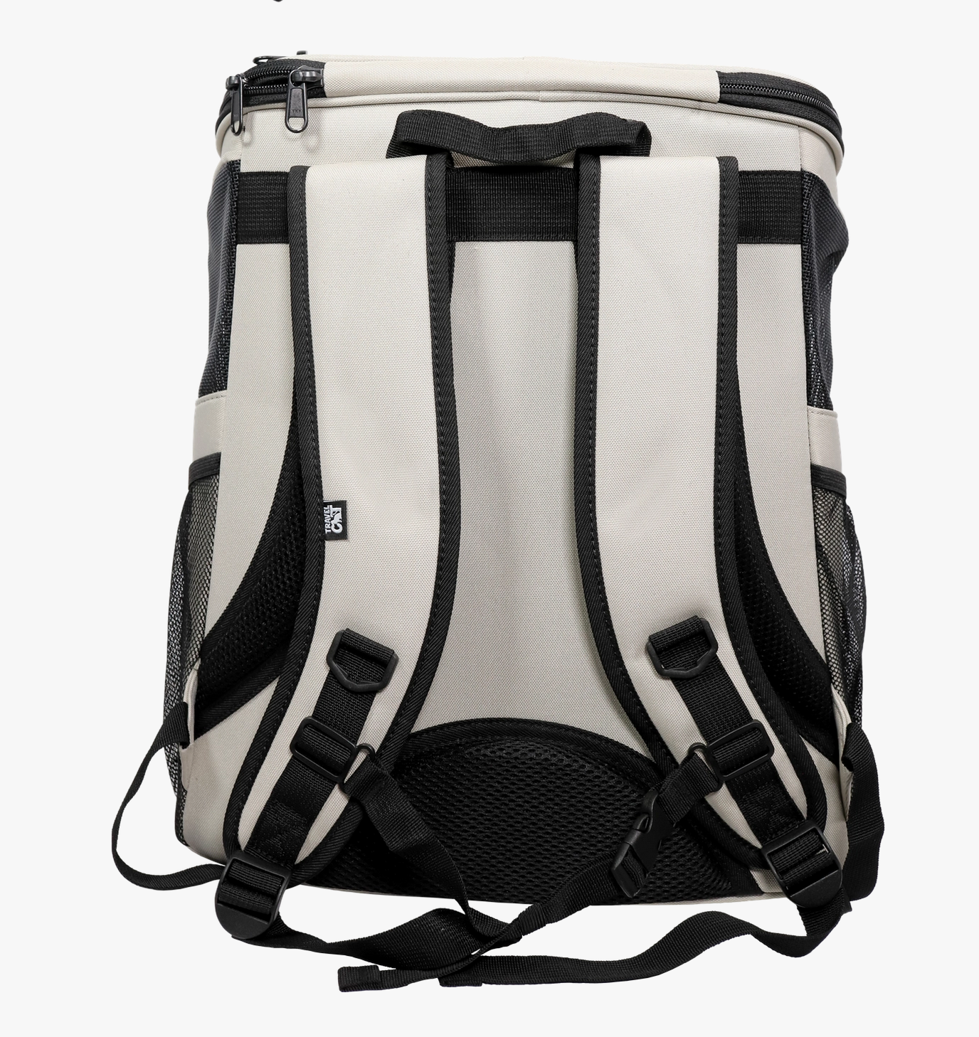 Travel Cat Fat Cat backpack shown from side angle displaying spacious interior compartment and ventilation mesh panels.