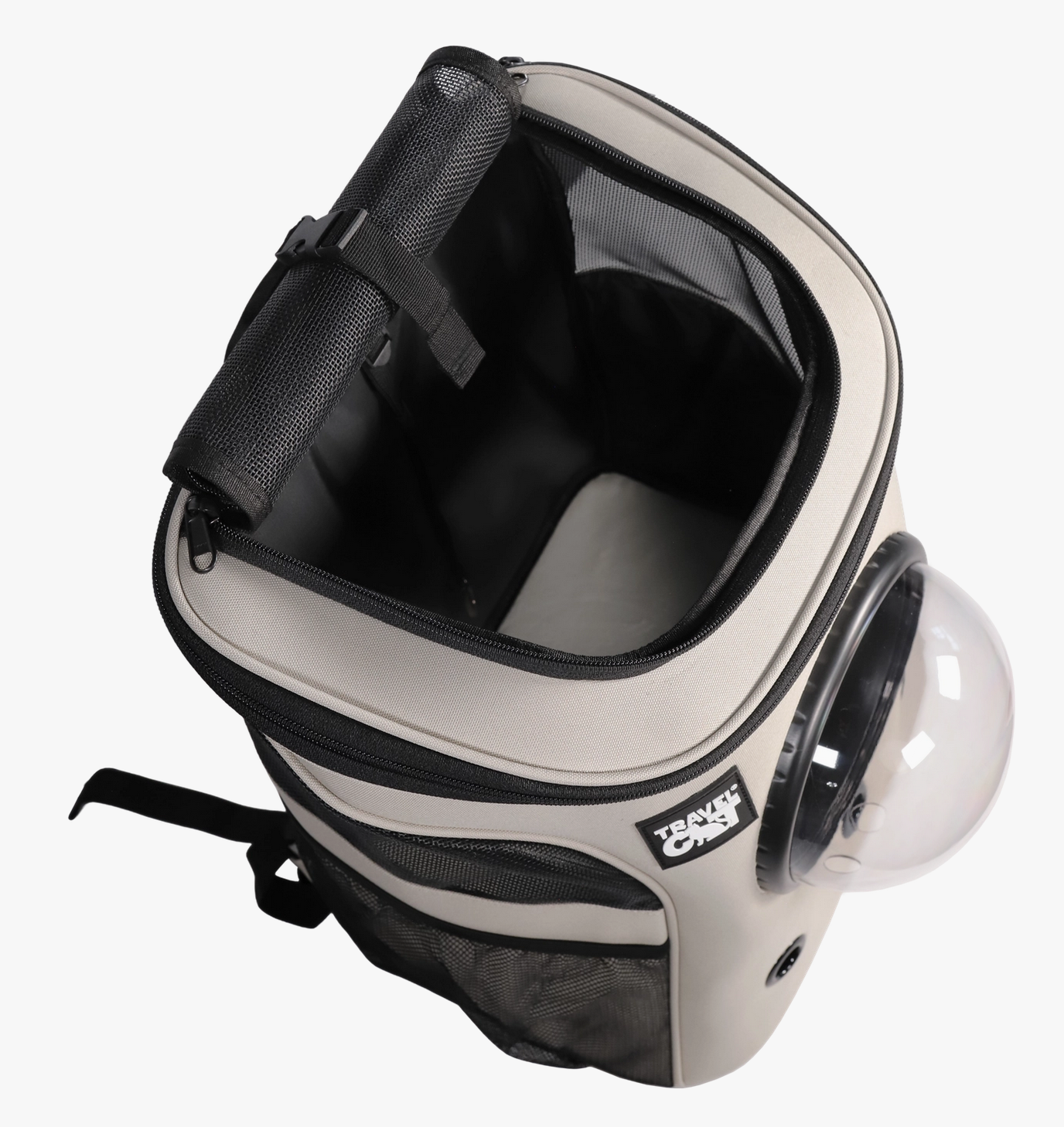 Travel Cat Fat Cat backpack shown from multiple angles displaying size options and detailed construction features.