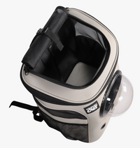 Travel Cat Fat Cat backpack shown from multiple angles displaying size options and detailed construction features.