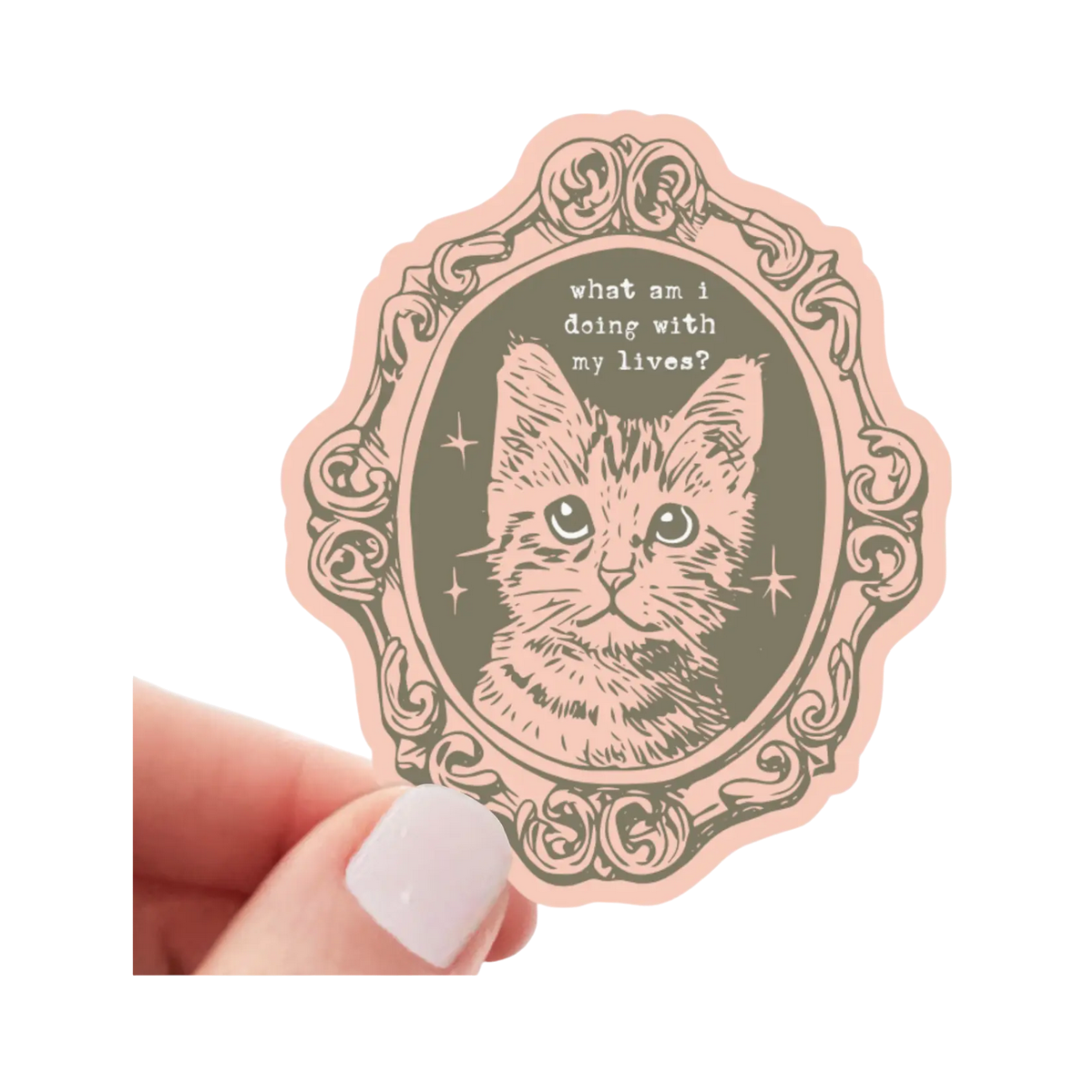 Yarnival What Am I Doing With My Lives cat-themed sticker featuring playful illustrated text design.
