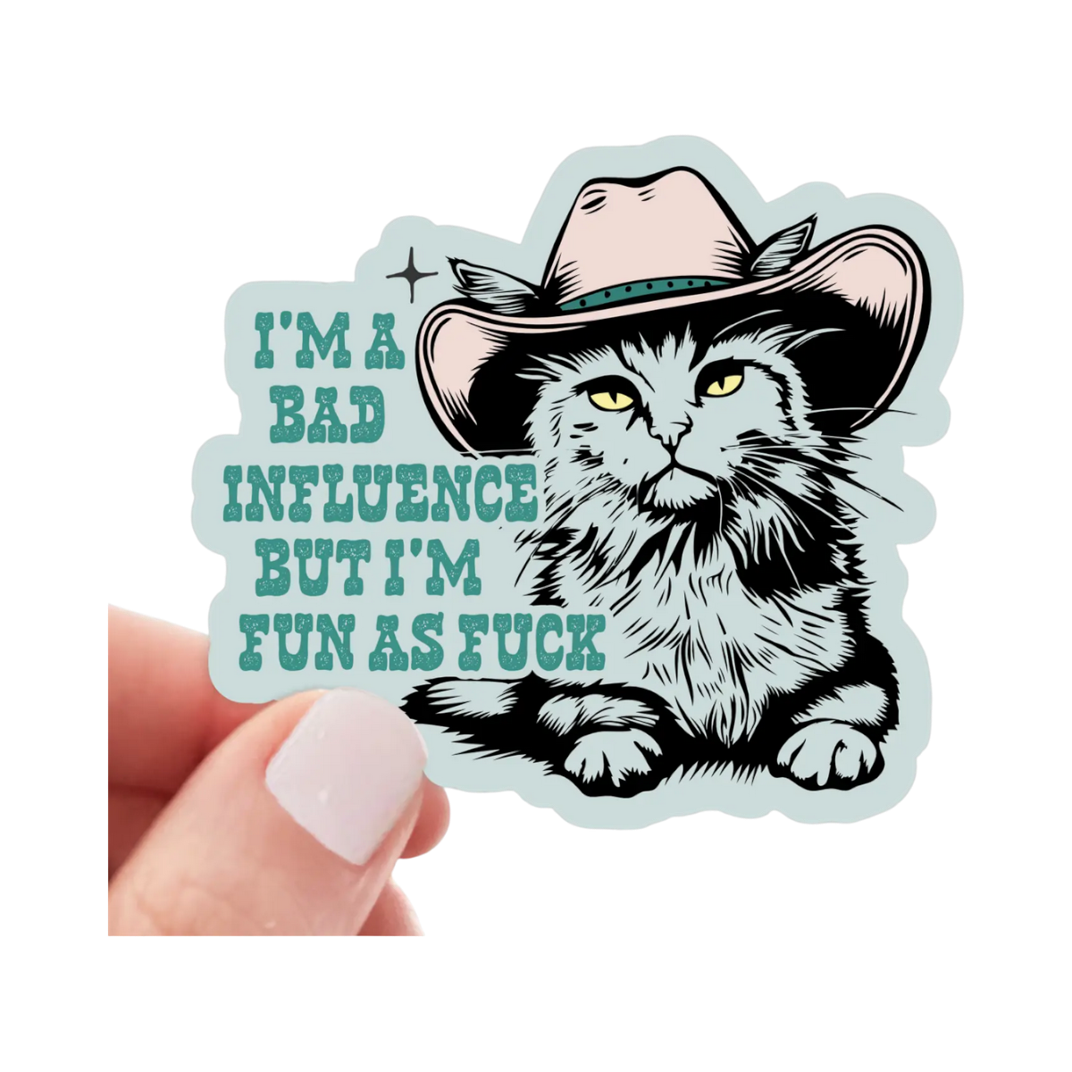 Yarnival I'm a Bad Influence sticker featuring bold playful typography on a white background.
