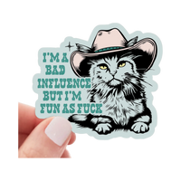 Yarnival I'm a Bad Influence sticker featuring bold playful typography on a white background.