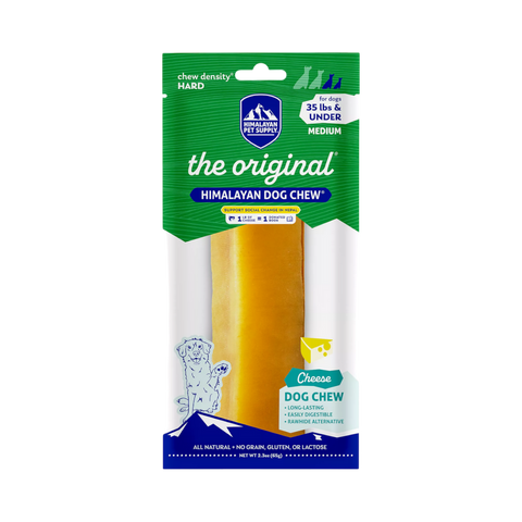 Himalayan Dog Chew brand Himalayan Chew Medium, a natural hard cheese dog chew shown on a white background.