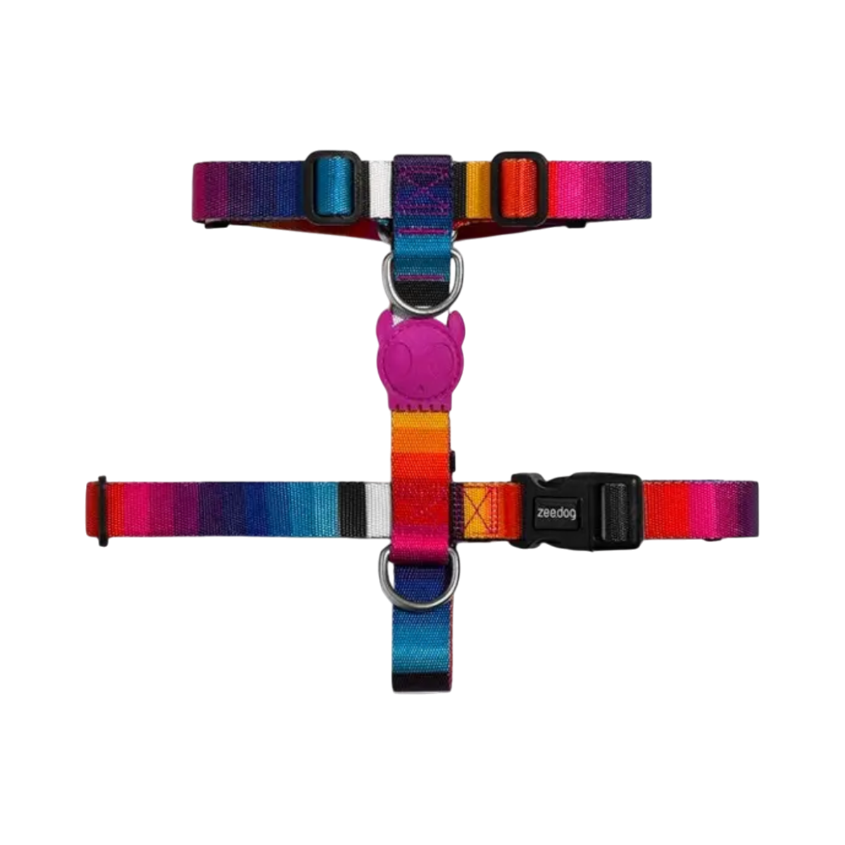 Zee.Dog H Harness in Prisma colorway, a vibrant multicolor patterned walking harness for dogs.