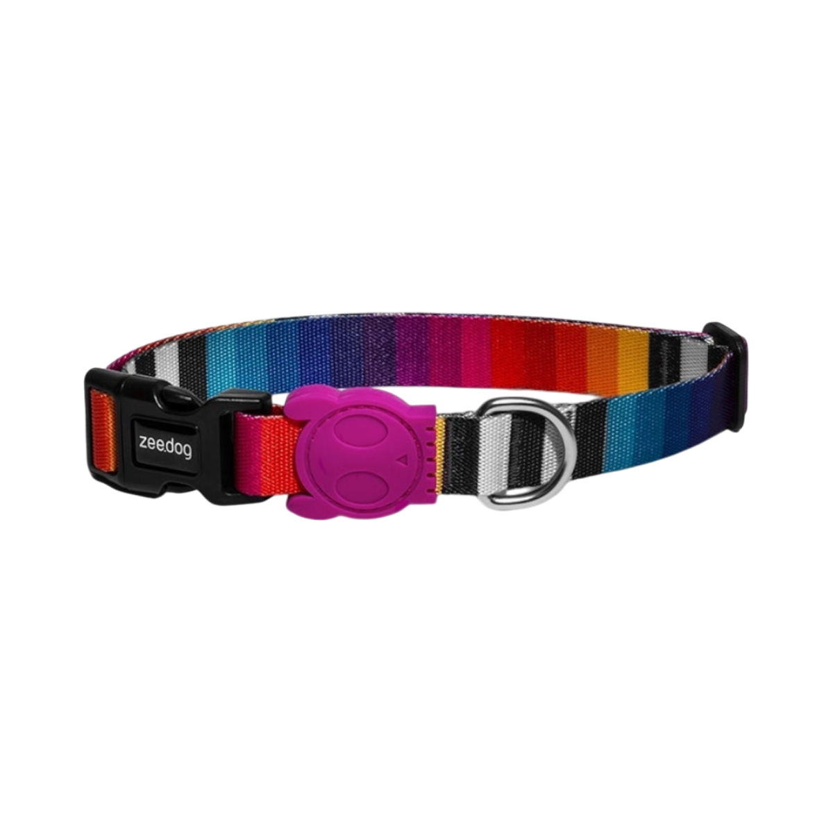 Zee.Dog Prisma dog collar displayed flat, featuring a vibrant multicolor geometric pattern on nylon webbing.