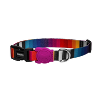 Zee.Dog Prisma dog collar displayed flat, featuring a vibrant multicolor geometric pattern on nylon webbing.