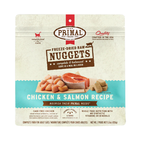 Primal Feline Freeze-Dried Chicken & Salmon Nuggets 14oz bag, front packaging view.