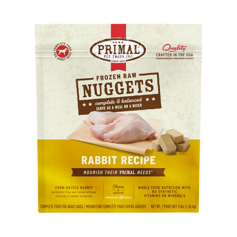 Primal Canine Frozen Raw Rabbit pet food packaging displayed as the primary product shot.