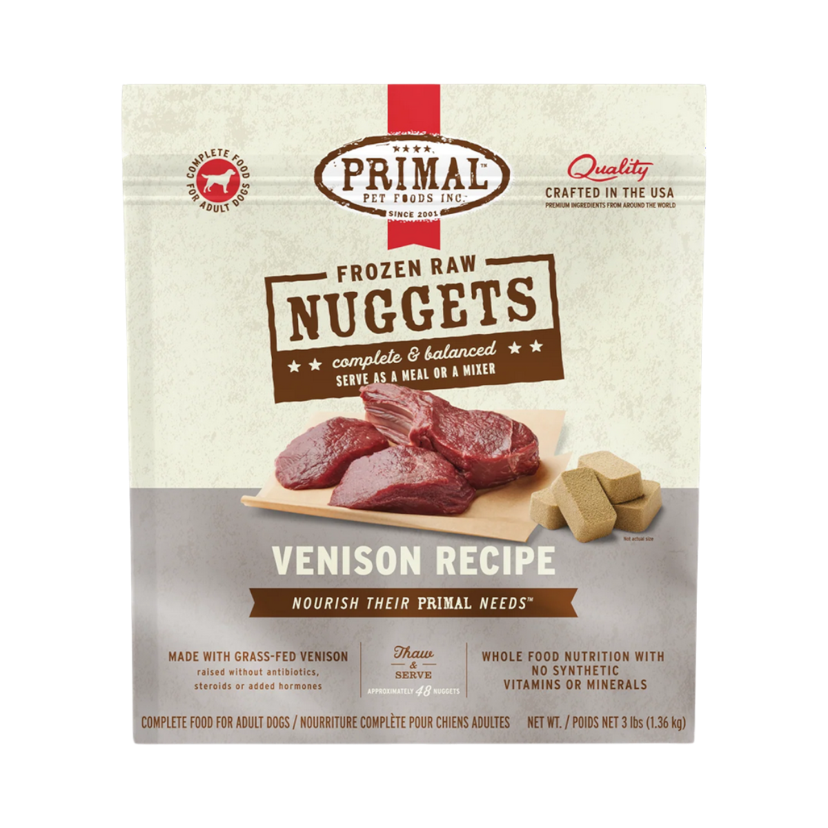 Primal brand Canine Frozen Raw Venison dog food packaging displayed as the primary product shot.