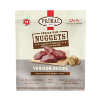Primal brand Canine Frozen Raw Venison dog food packaging displayed as the primary product shot.