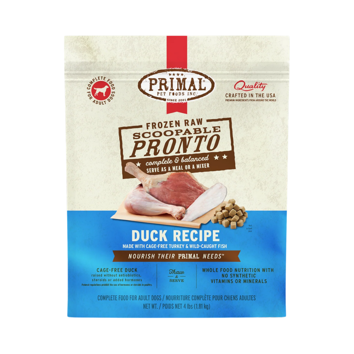 Primal Pronto Duck raw freeze-dried dog food in a 4-pound resealable bag.