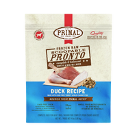 Primal Pronto Duck raw freeze-dried dog food in a 4-pound resealable bag.