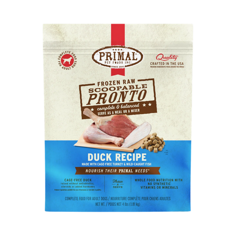 Primal Pronto Duck raw freeze-dried dog food in a 4-pound resealable bag.