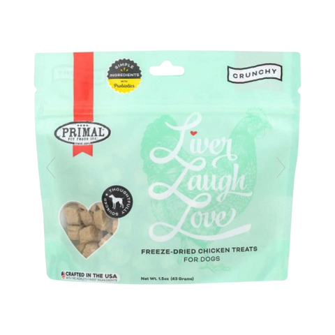 Primal Chicken Liver dog treats in packaging displayed as the primary product shot.