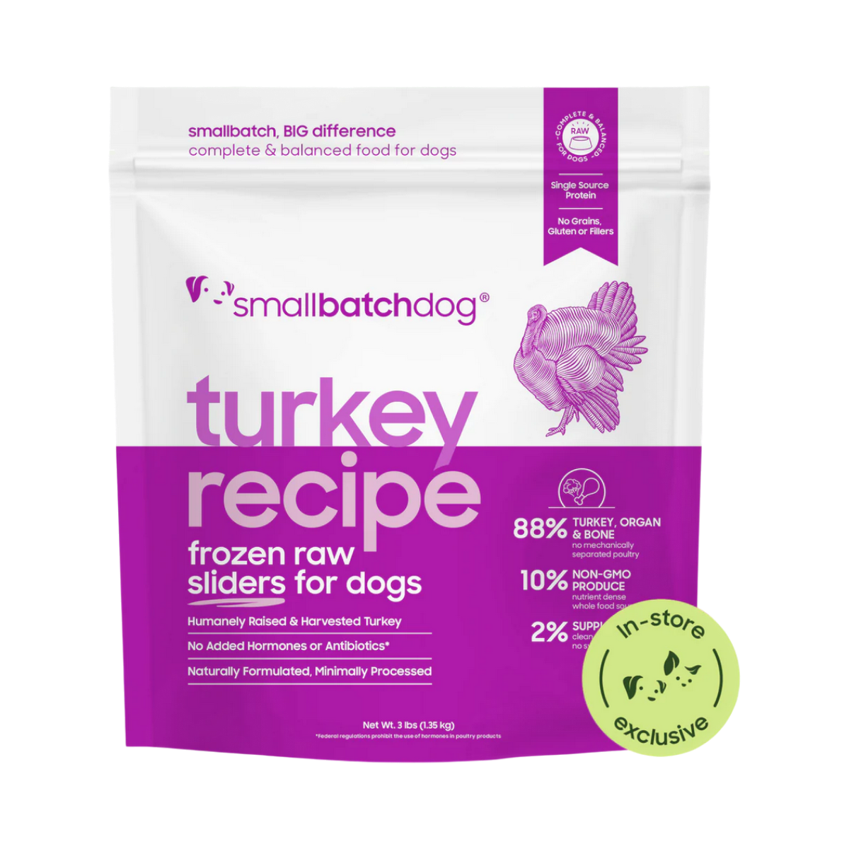 Small Batch Frozen Raw Turkey pet food packaging, a primary product shot showing the front label.