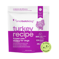 Small Batch Frozen Raw Turkey pet food packaging, a primary product shot showing the front label.