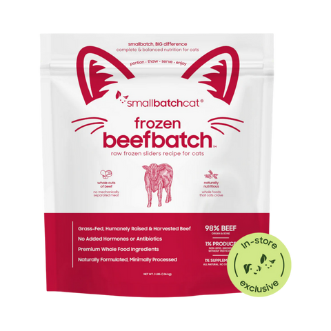 Small Batch Beef Sliders 3lb frozen raw cat food in branded packaging.
