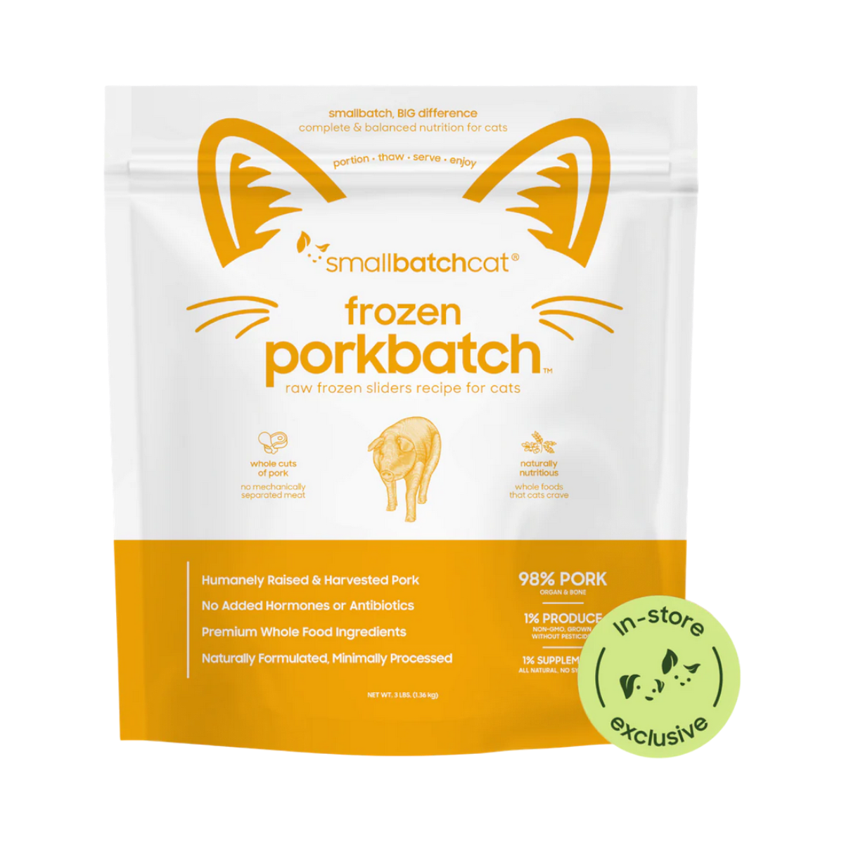 Small Batch Pork Sliders frozen raw cat food in a 3-pound resealable bag.