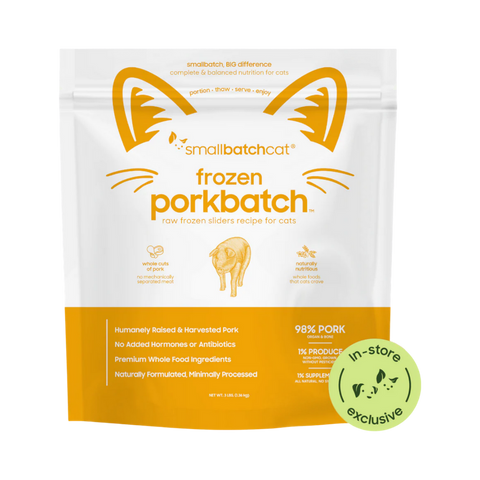 Small Batch Pork Sliders frozen raw cat food in a 3-pound resealable bag.