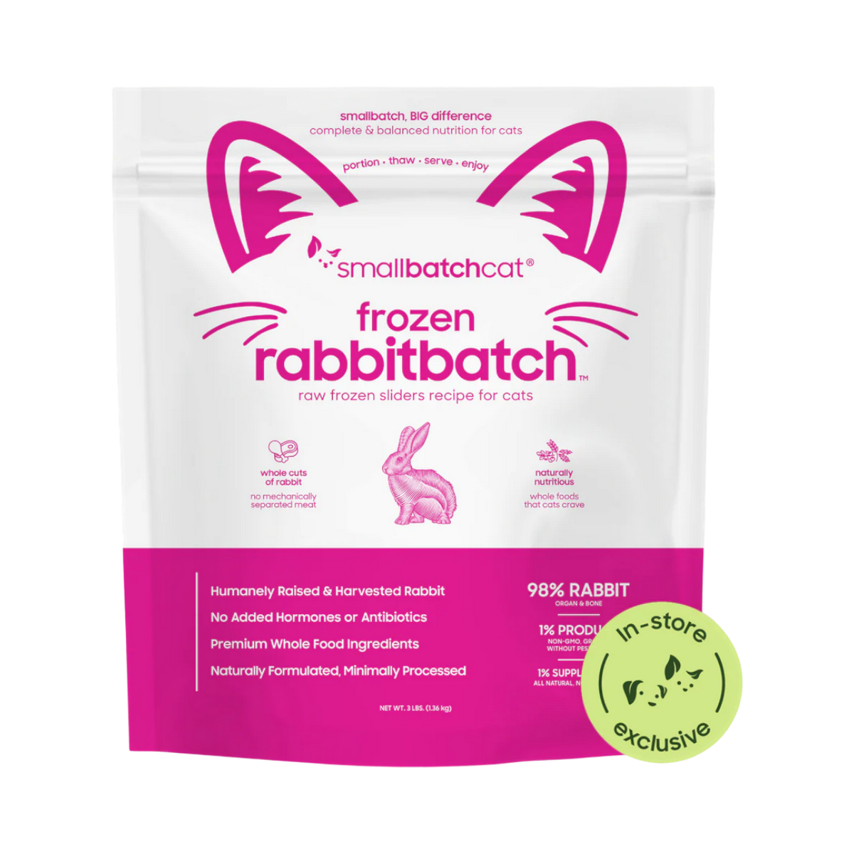 Small Batch Rabbit Sliders 3lb frozen raw cat food package displayed as the primary product shot.