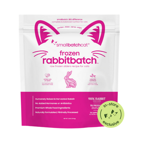 Small Batch Rabbit Sliders 3lb frozen raw cat food package displayed as the primary product shot.