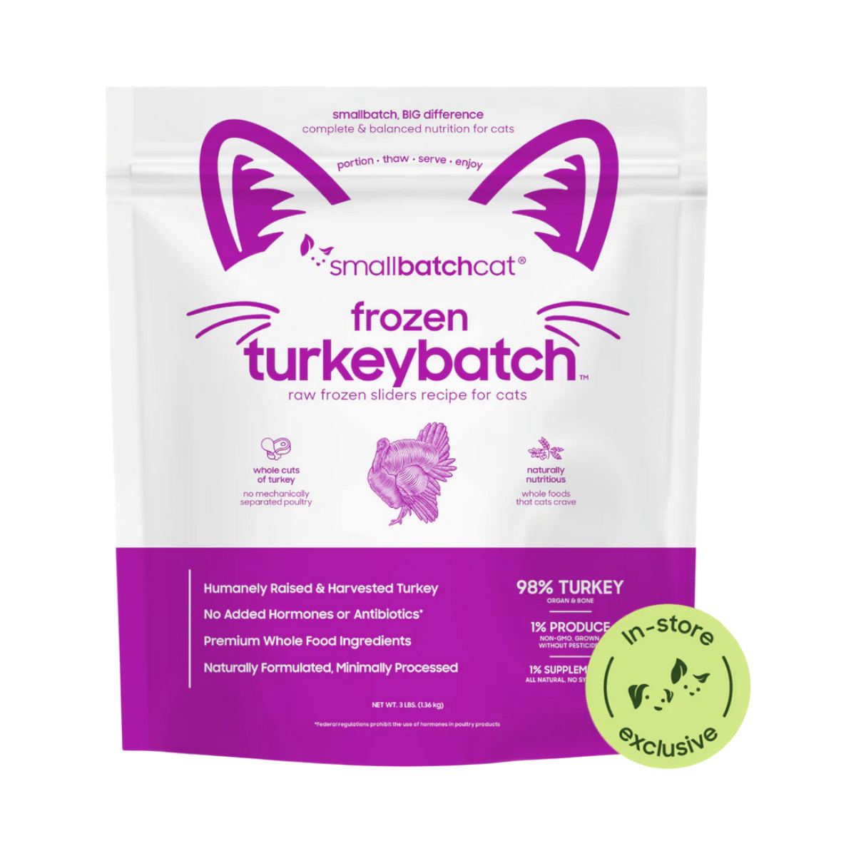 Small Batch Turkey Sliders frozen raw cat food packaging displayed as the primary product shot.