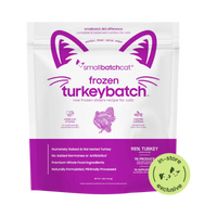 Small Batch Turkey Sliders frozen raw cat food packaging displayed as the primary product shot.