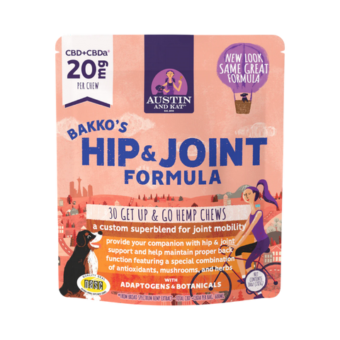 Austin & Kat Bakko's Hip & Joint Chew 20mg supplement bag, front packaging view with branding details.