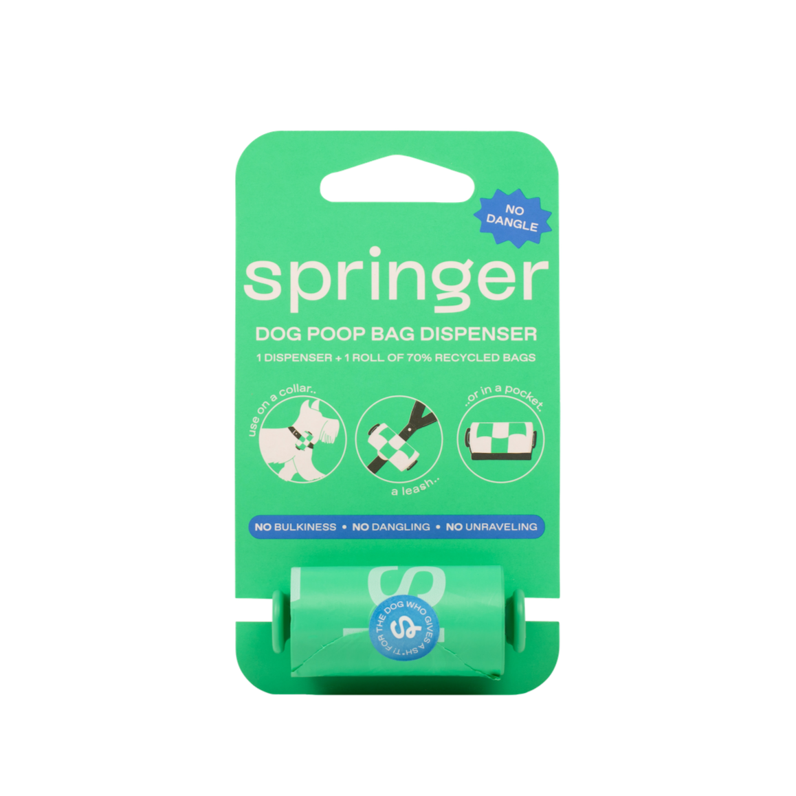 Springland Poop Bag Dispenser showing detailed view of the Easy-Open Tab design and compact construction.