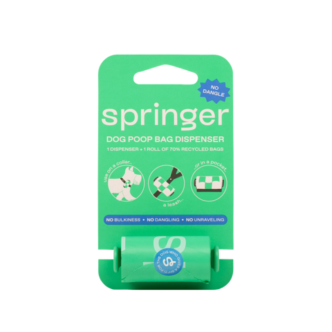 Springland Poop Bag Dispenser showing detailed view of the Easy-Open Tab design and compact construction.