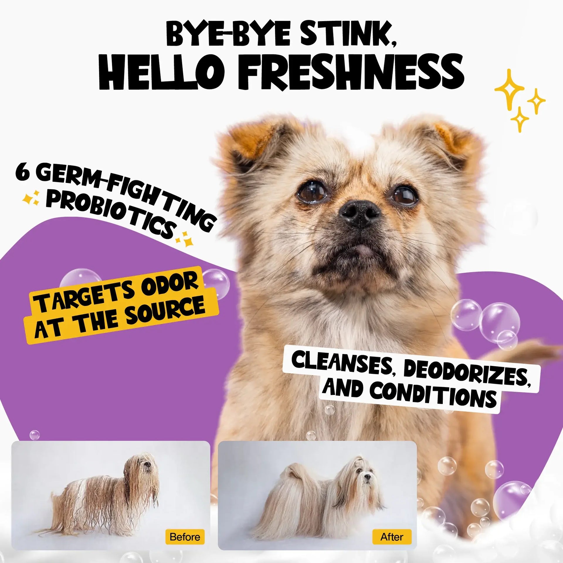 Roofus Snuggle Sesh Shampoo bottle shown during dog bathing or grooming session demonstrating product in use.