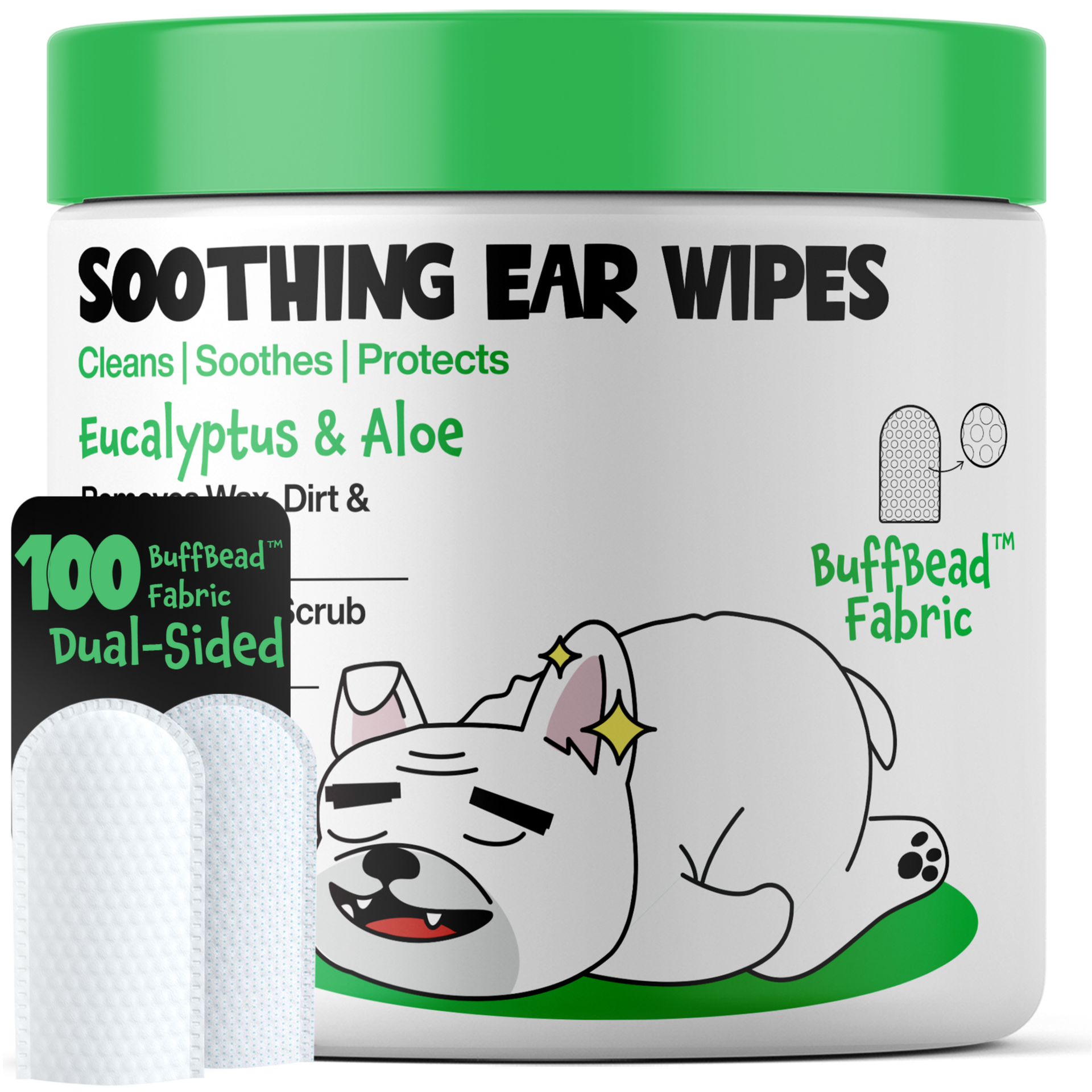Person using Roofus Dog Ear Wipes to gently clean their dog's ear with finger-shaped wipe design