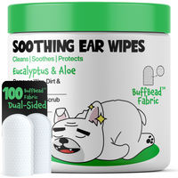 Person using Roofus Dog Ear Wipes to gently clean their dog's ear with finger-shaped wipe design